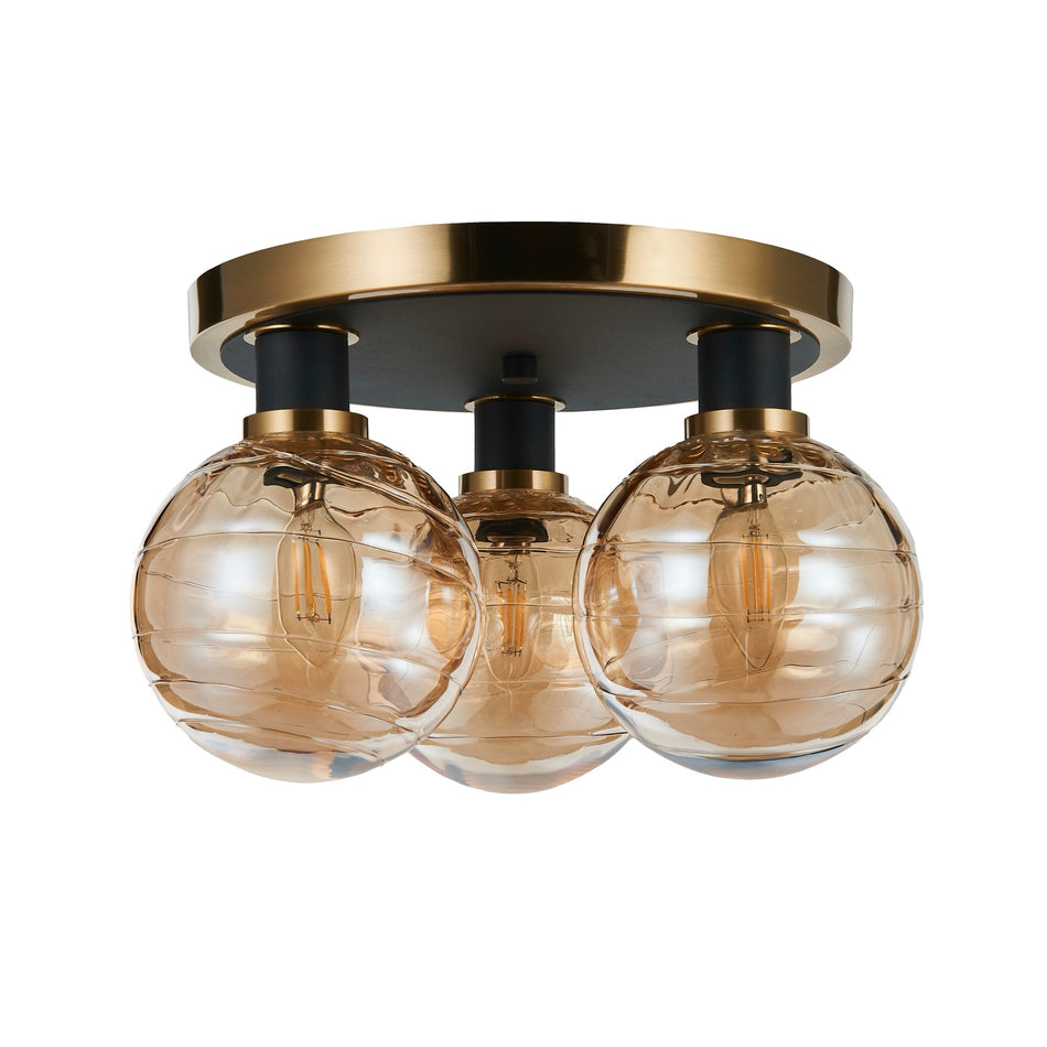 Gem Collection 3-Light Semi-Flush Mount with Amber Glass Black and Brushed Brass