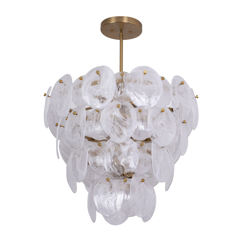 Lily 13 Light Chandelier, Brushed Brass with Wispy White Murano Style Glass