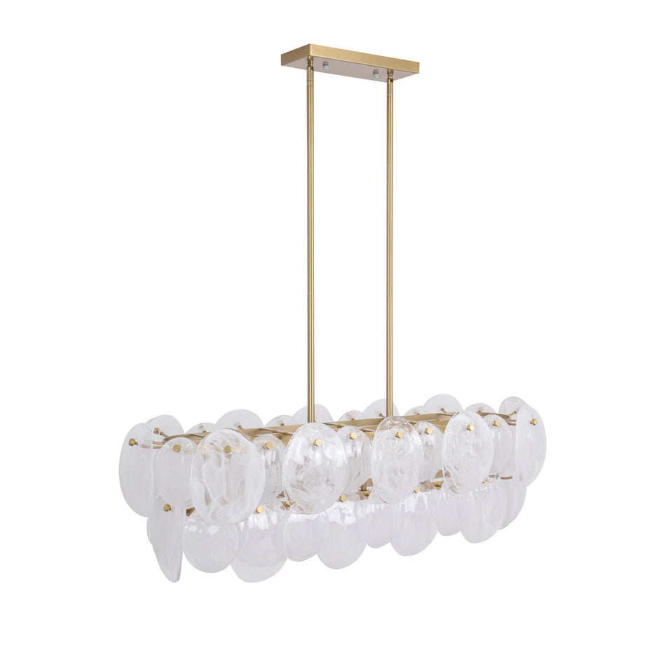 Lily 7 Light Island Light, Brushed Brass with Wispy White Murano Style Glass