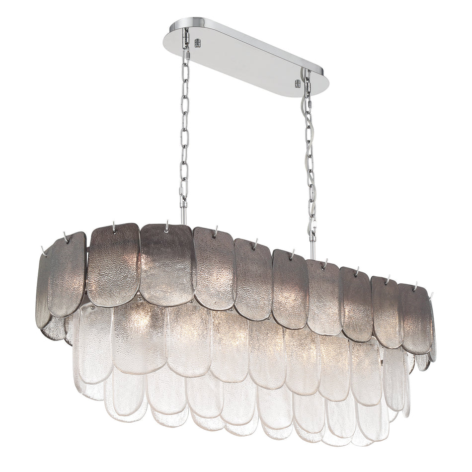 Bianca 12 Light Island Light, Polished Nickel, Crystalline Smoke with Piastra Type Glassware