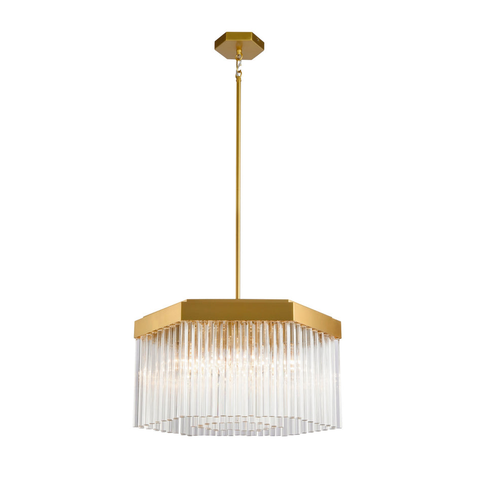 Emma 7 Light Chandelier, Brushed Brass with Glass Rods