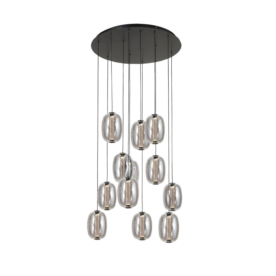 Vega Integrated LED 12 Light Chandelier, Black with Dark Smoke Glassware
